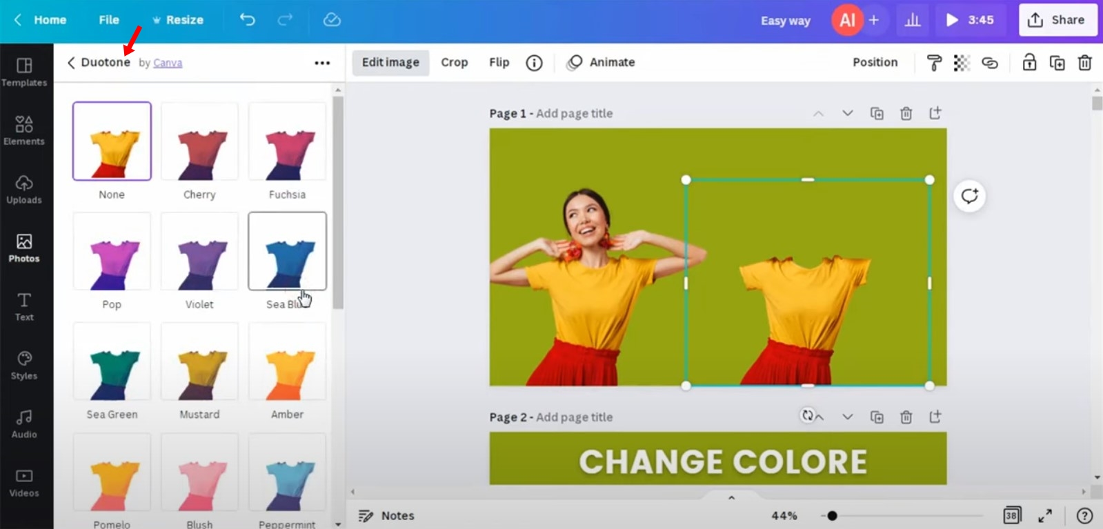 pilih menu Duotone untuk memilih warna baju 